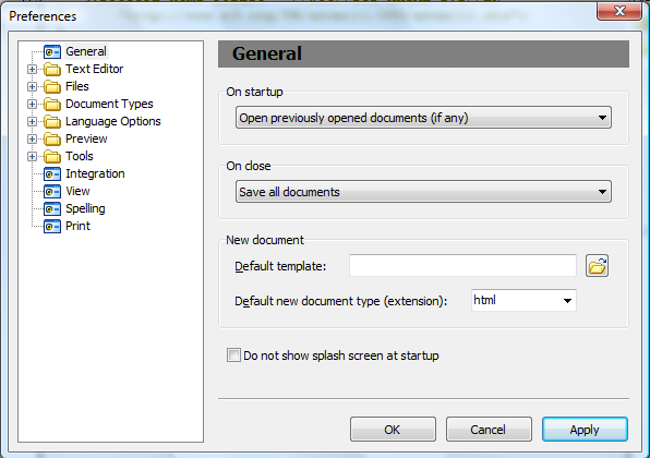 Partie configuration de HTMLPad 2007