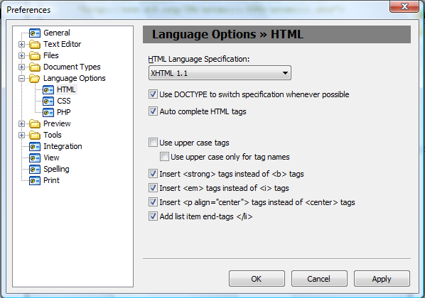 Partie configuration de HTMLPad 2007